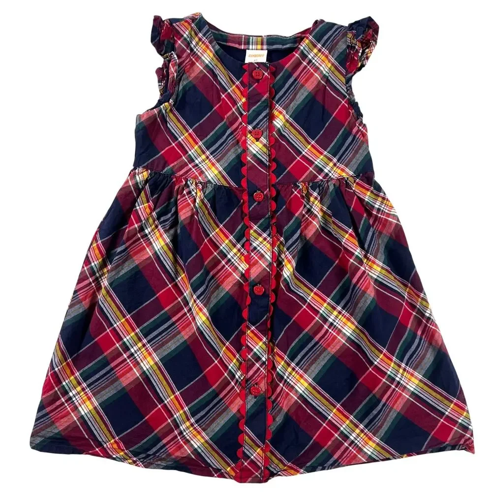 Gymboree Toddler Dress 4T Red Madras Plaid Apple Button Ruffle Cap Sleeve Cotton